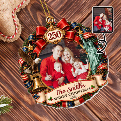 Merry Christmas Patriotic Wreath With Statue Of Liberty And Eagle - Personalized Custom Acrylic Ornament, Christmas Gift - FAM1266_ACO