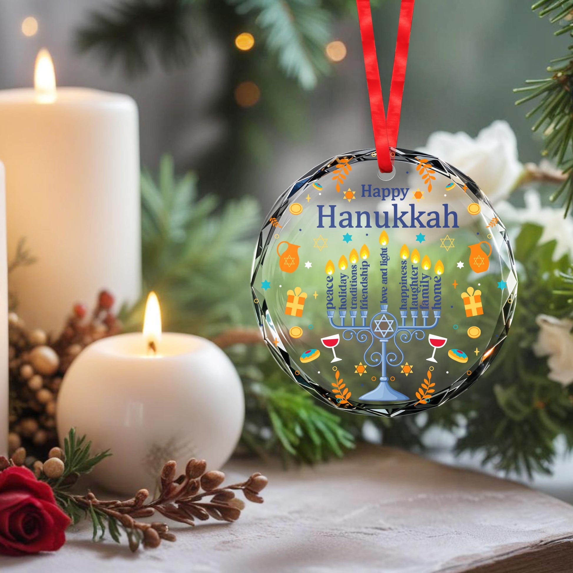 Menorah And Candles Happy Hanukkah Glass Ornament