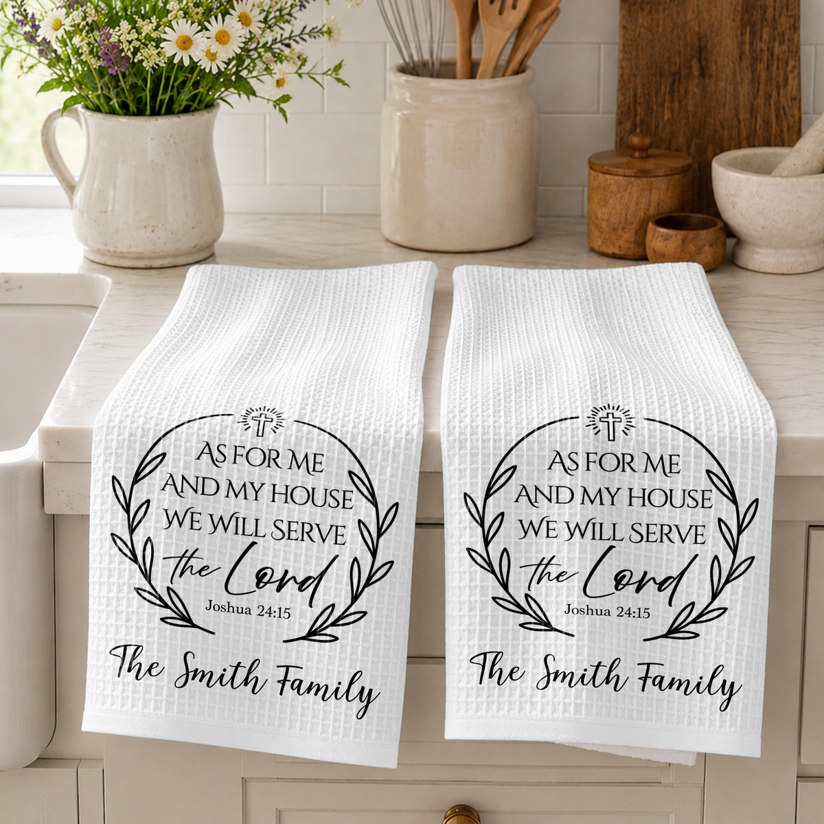 As For Me And My House We Will Serve The Lord Cross Wreath - Personalized Kitchen Towel - FAM1419_TOWL