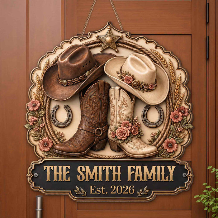 The Family Cowboy Hats And Boots Western Decor With Flowers - Personalized Custom Shaped Wood Sign - FAM1420_WSIGN