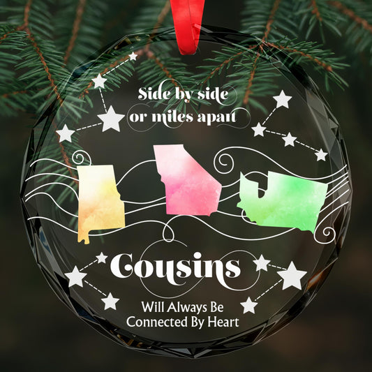 Cousins Connected By Heart With Colorful Maps and Stars Ornament