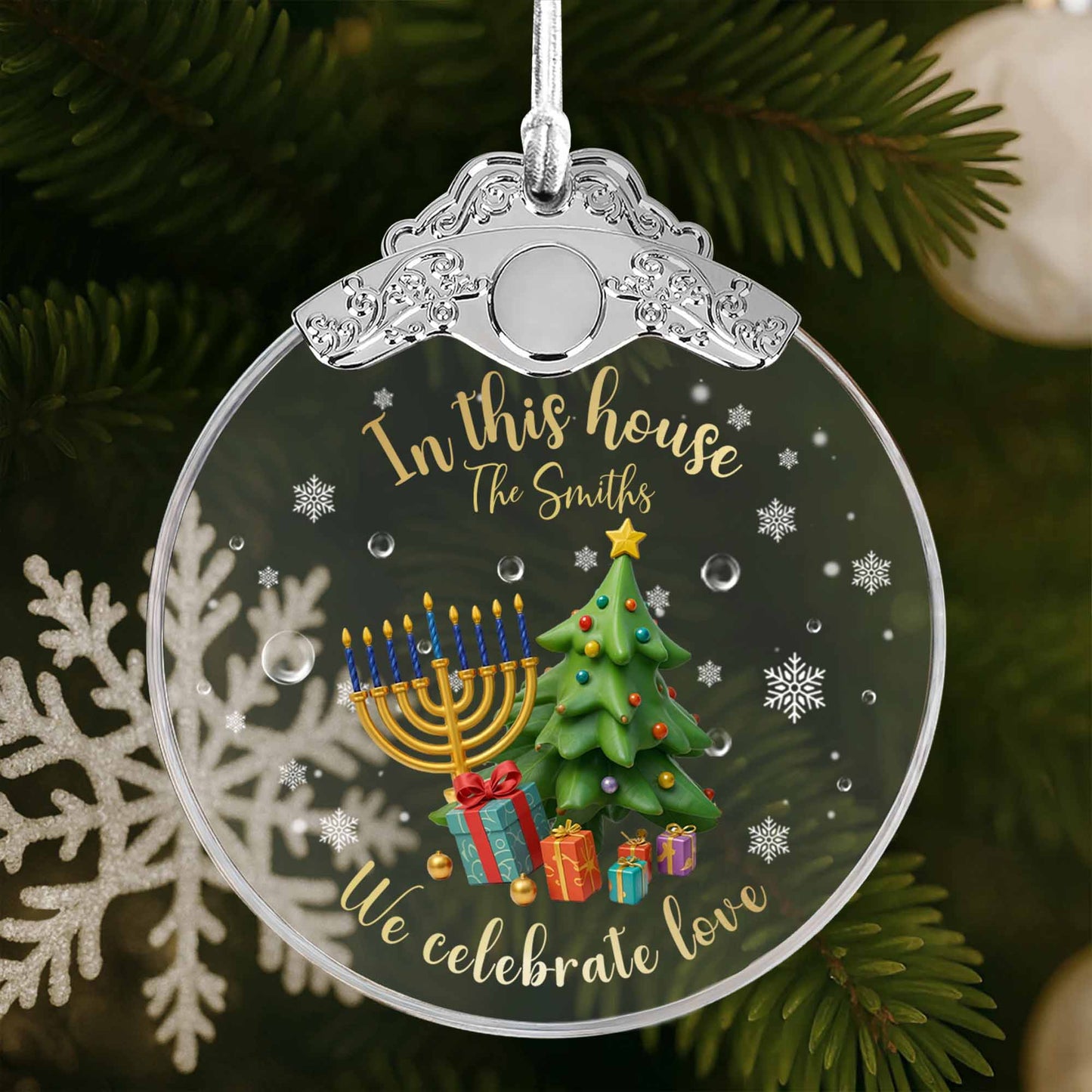 In This House We Celebrate Love With Christmas Tree And Menorah