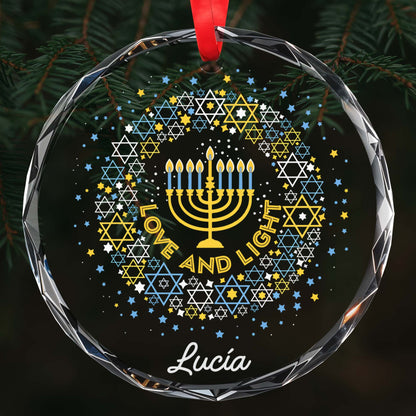 Love And Light Menorah And Stars Glass Ornament