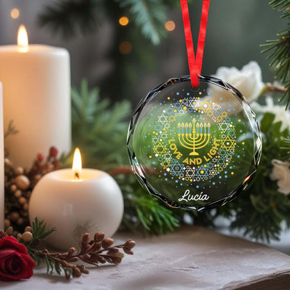 Love And Light Menorah And Stars Glass Ornament