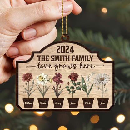 Love Grows Here With Beautiful Flowers Display - Personalized Custom Wood Ornament, Custom Shaped - FAM229_WDO