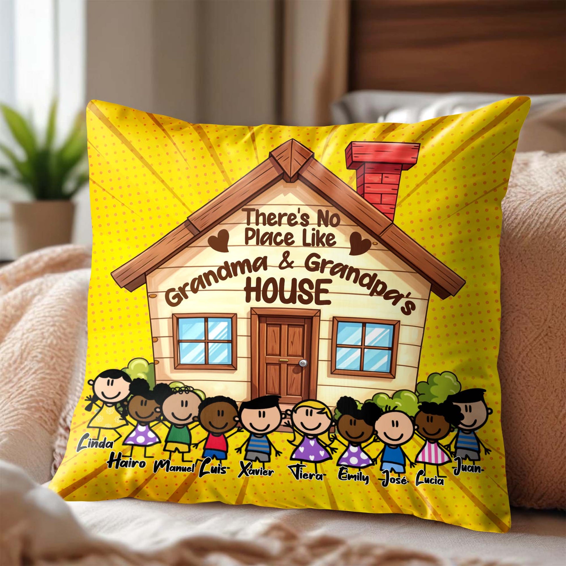 No Place Like Grandma And Grandpa's House Pillow with Cute Cartoon Children