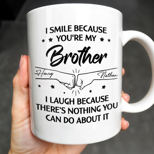 Smile And Laugh Brother Quote With Linked Hands Design - Personalized Custom Coffee Mug - FAM288_MG