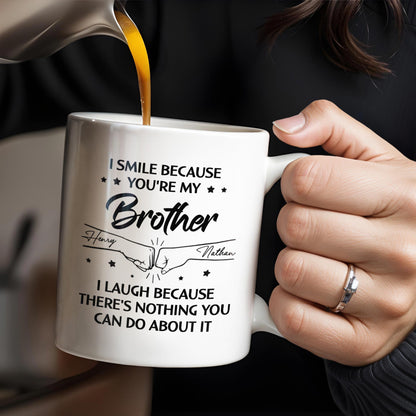 Smile And Laugh Brother Quote With Linked Hands Design - Personalized Custom Coffee Mug - FAM288_MG