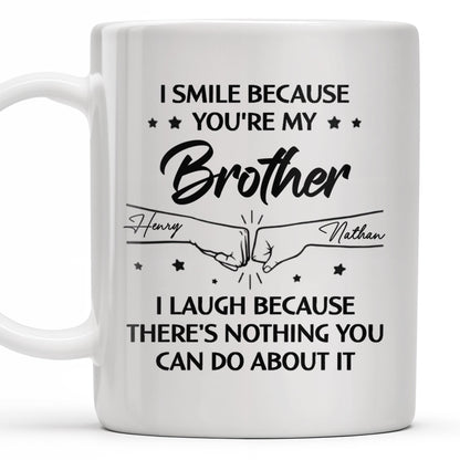 Smile And Laugh Brother Quote With Linked Hands Design - Personalized Custom Coffee Mug - FAM288_MG