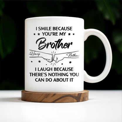 Smile And Laugh Brother Quote With Linked Hands Design - Personalized Custom Coffee Mug - FAM288_MG