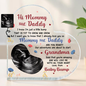 Hi Mommy and Daddy, Our Adventures Are About to Start, Ultrasound, Heart, Flowers - Personalized Heart Shaped Acrylic Plaque - FAM307_HAP