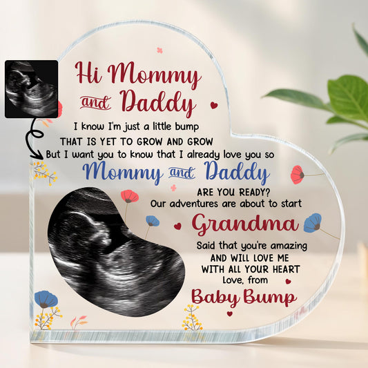 Hi Mommy and Daddy, Our Adventures Are About to Start, Ultrasound, Heart, Flowers - Personalized Heart Shaped Acrylic Plaque - FAM307_HAP