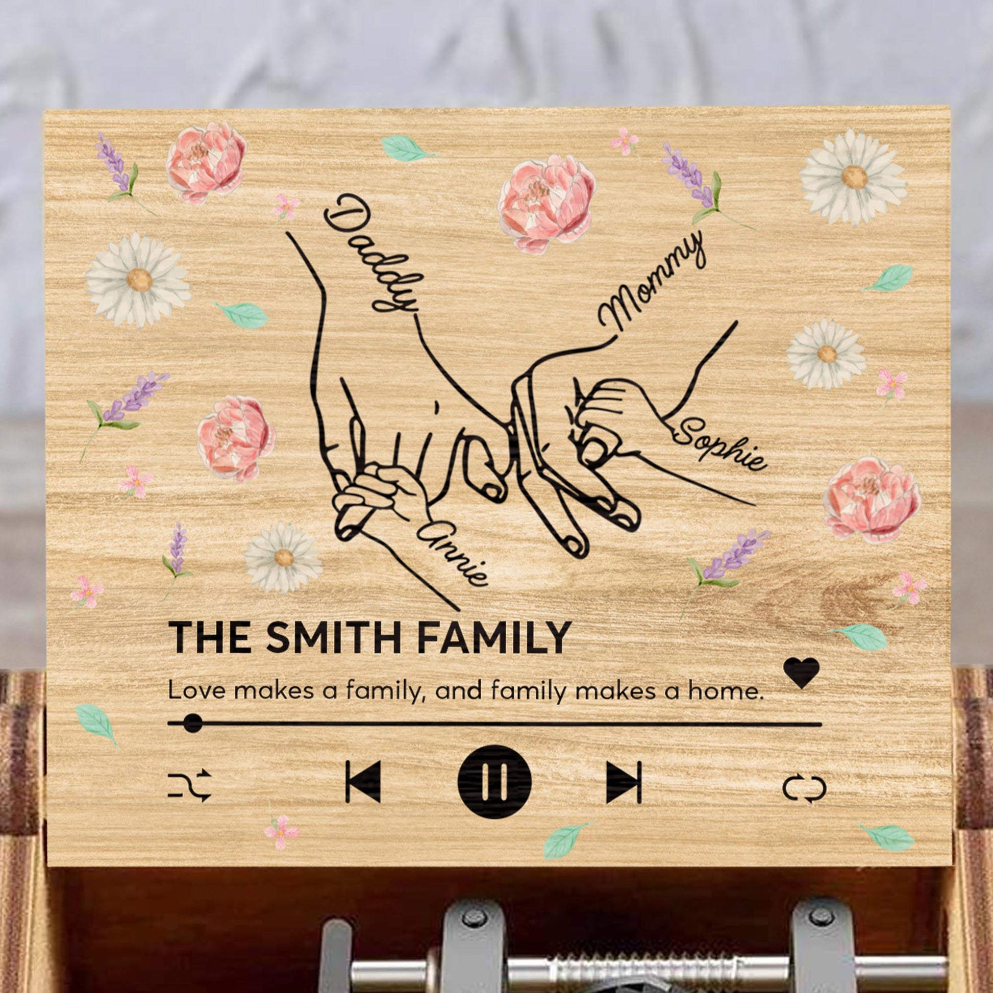 Love Makes A Family, Handprints And Flowers Design