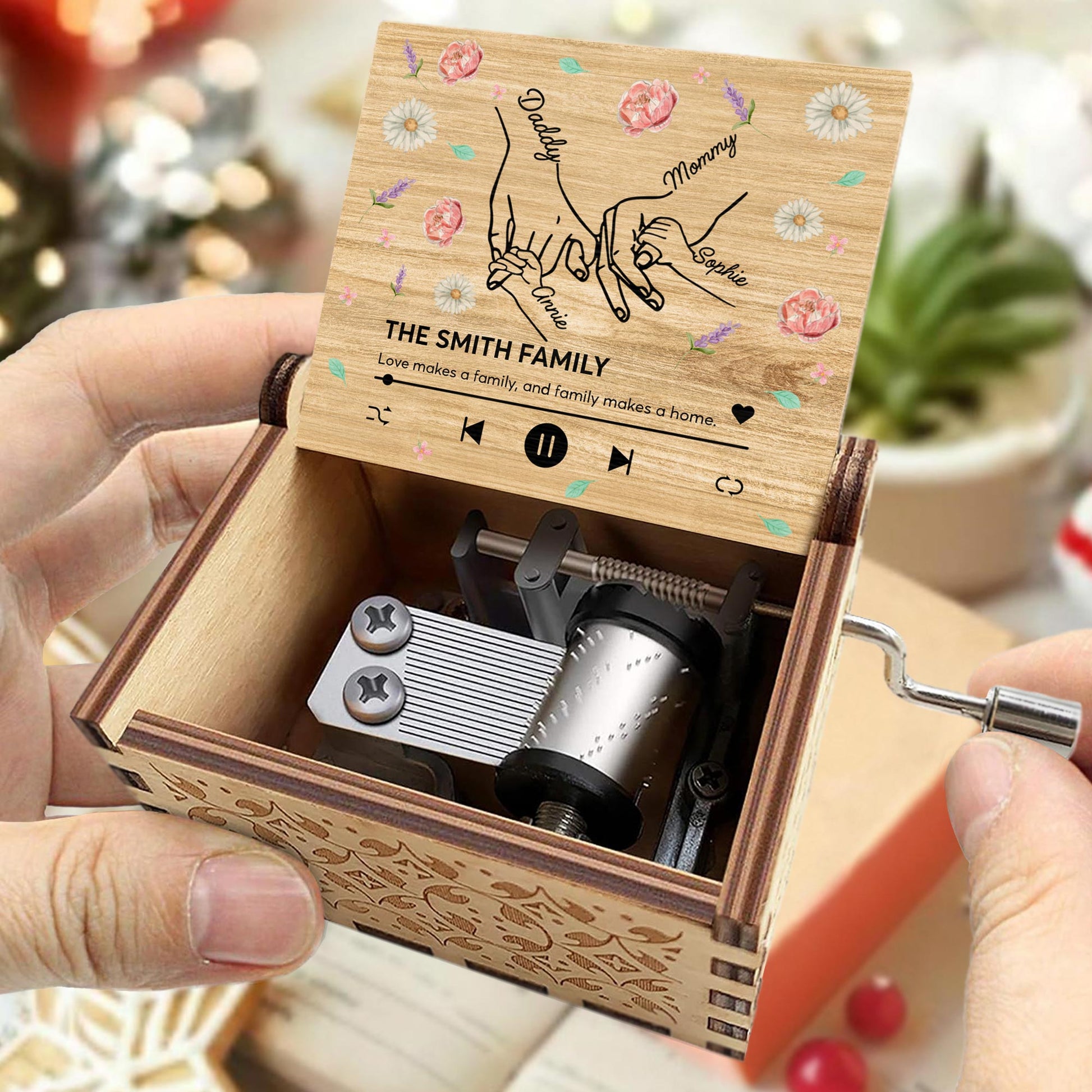 Love Makes A Family, Handprints And Flowers Design