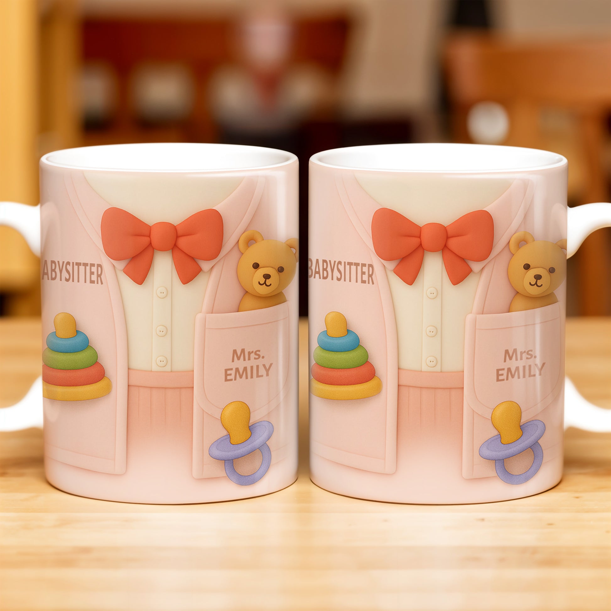 Personalize This Lovely Babysitter Coffee Mug With Your Name, Teddy Bear, Pacifier, Baby Rings, And Bow Tie