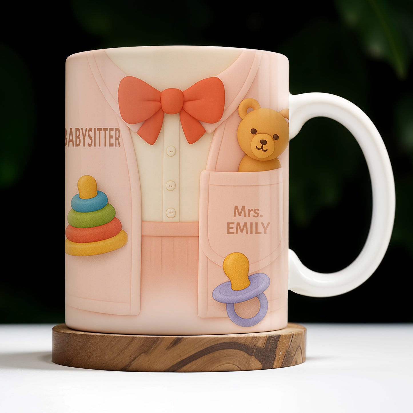Personalize This Lovely Babysitter Coffee Mug With Your Name, Teddy Bear, Pacifier, Baby Rings, And Bow Tie
