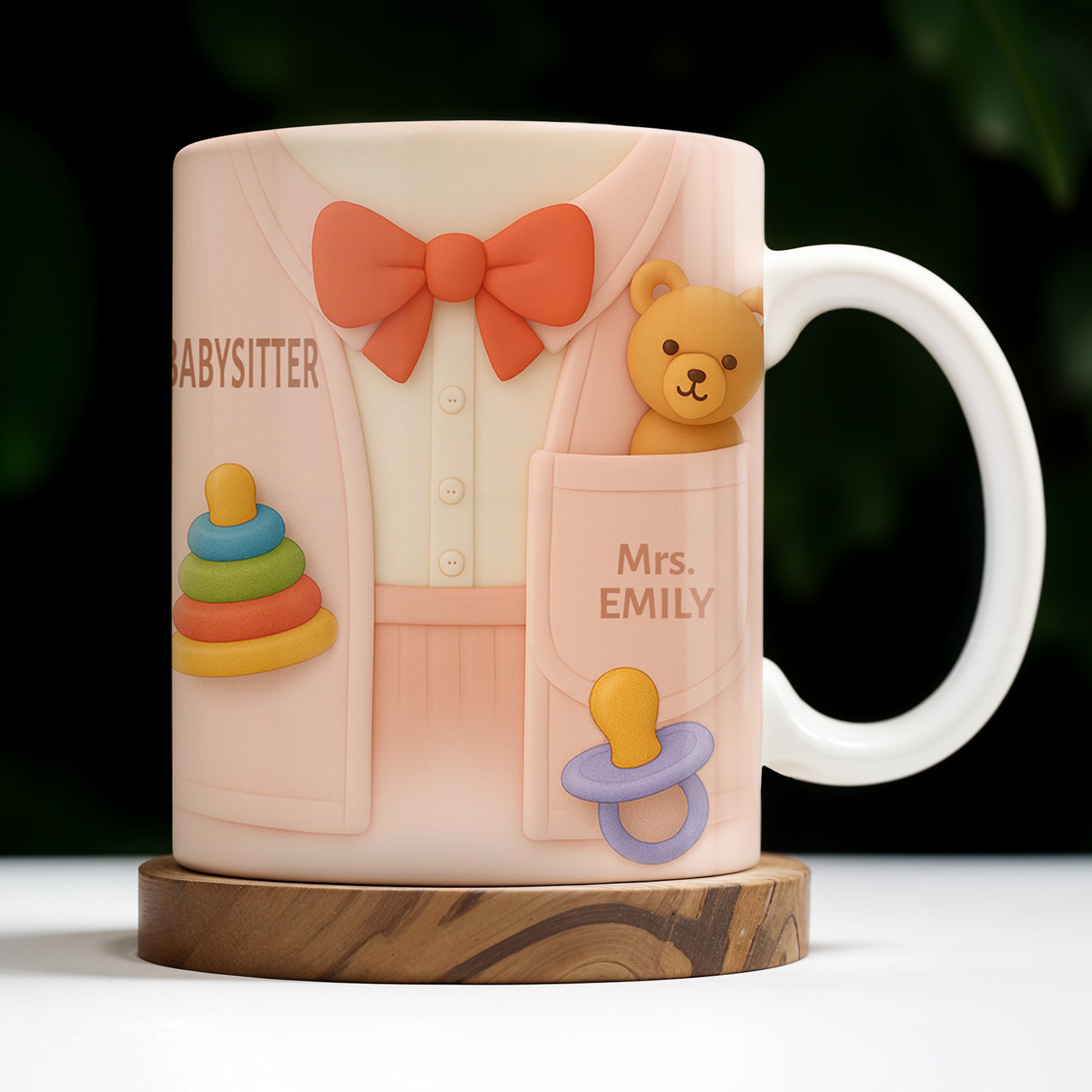 Personalize This Lovely Babysitter Coffee Mug With Your Name, Teddy Bear, Pacifier, Baby Rings, And Bow Tie