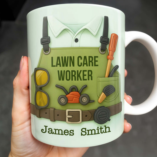 Lawn Care Worker Mug With Lawn Mower, Tools, and Sunglasses