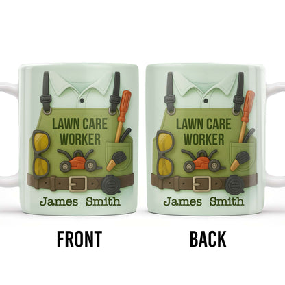 Lawn Care Worker Mug With Lawn Mower, Tools, and Sunglasses