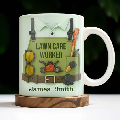 Lawn Care Worker Mug With Lawn Mower, Tools, and Sunglasses