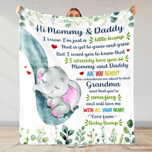 Hi Mommy & Daddy I Know I'm Just A Little Bump, Elephant And Hearts - Personalized Custom Blanket - FAM330_BLK