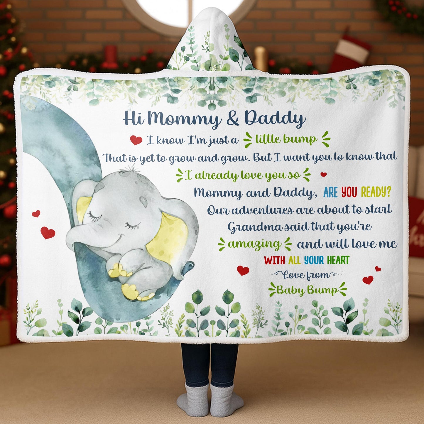 Hi Mommy & Daddy, Little Elephant With Hearts And Leaves