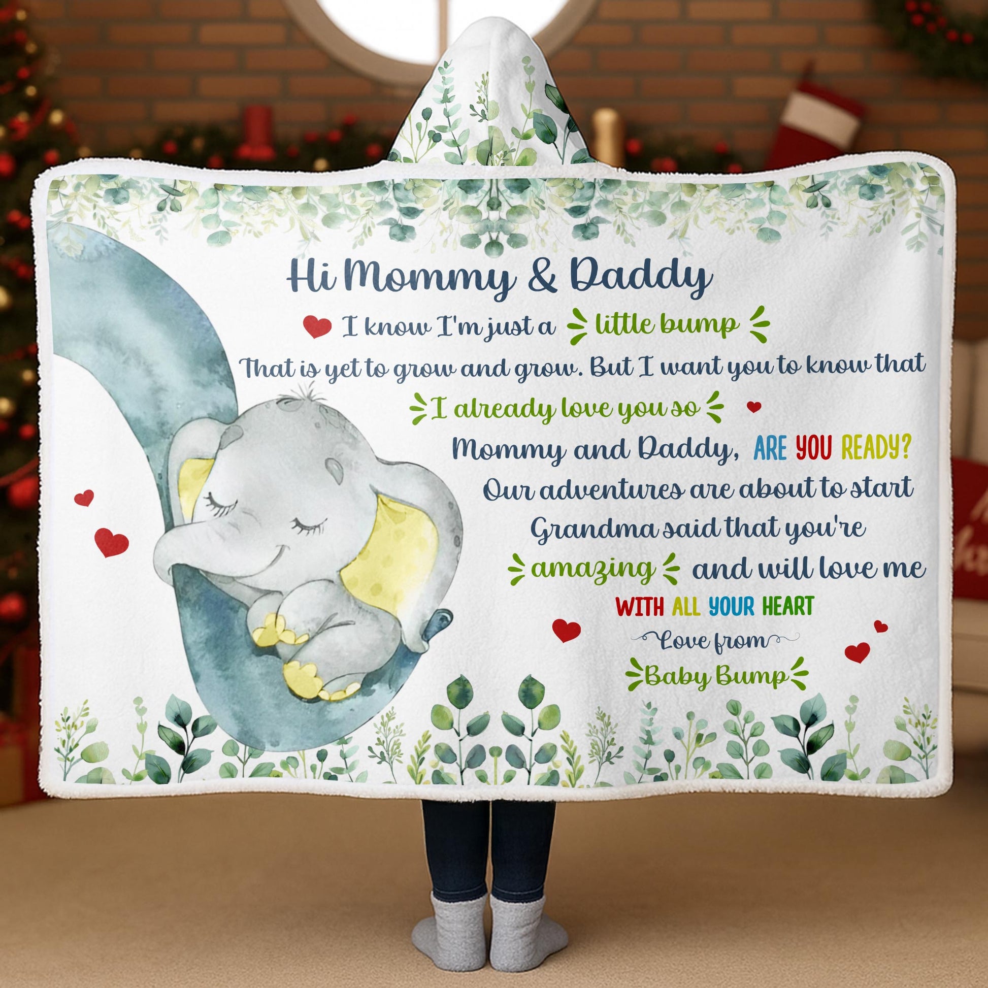 Hi Mommy & Daddy, Little Elephant With Hearts And Leaves