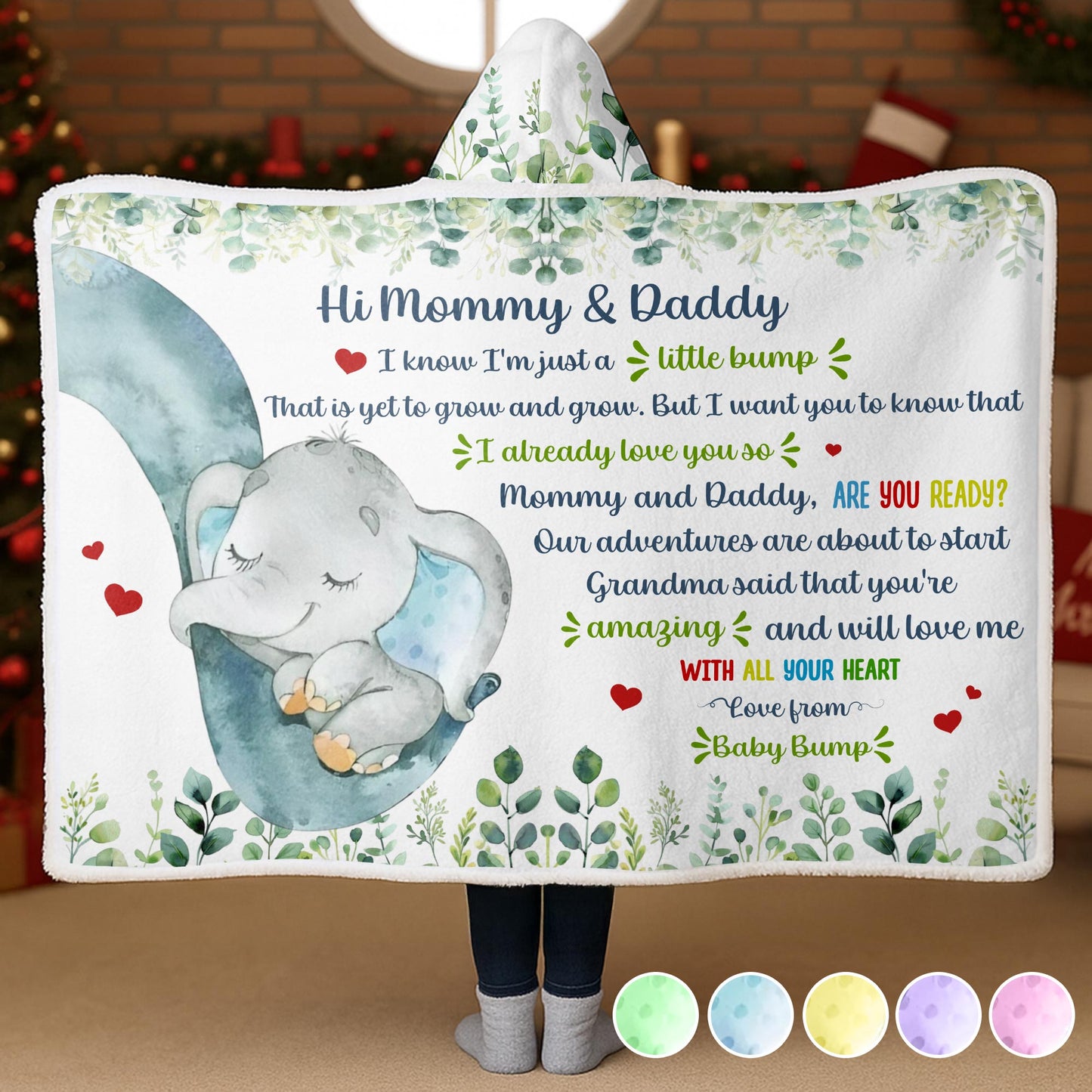 Hi Mommy & Daddy, Little Elephant With Hearts And Leaves