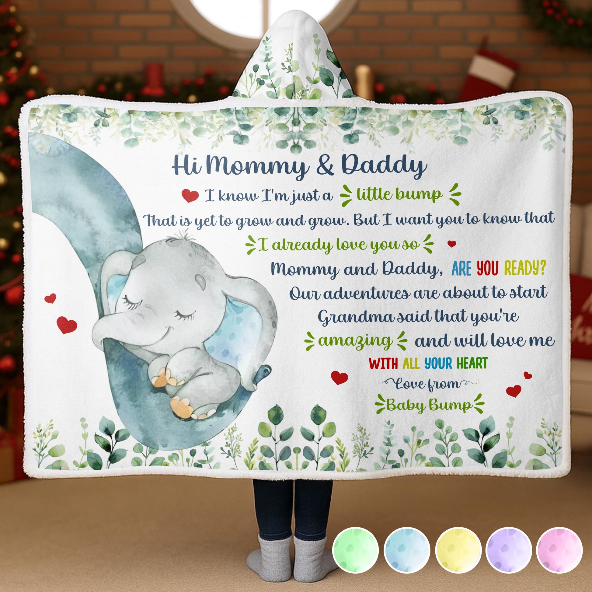 Hi Mommy & Daddy, Little Elephant With Hearts And Leaves