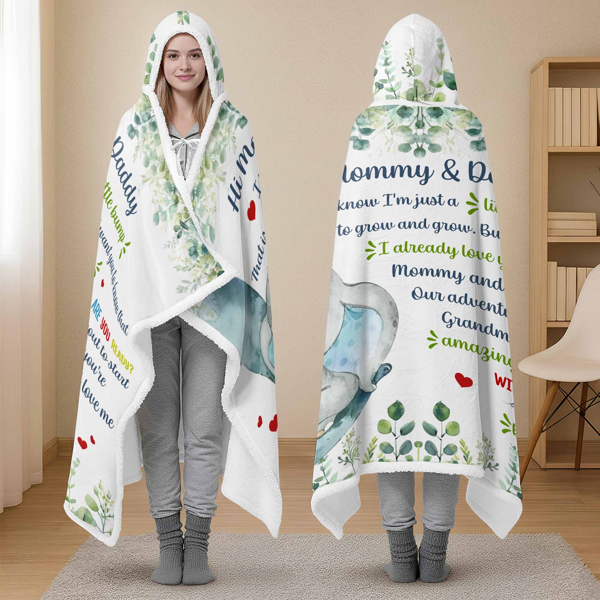 Hi Mommy & Daddy, Little Elephant With Hearts And Leaves