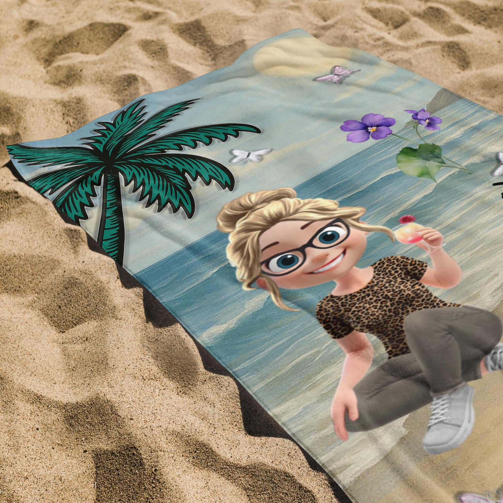A Personalized Beach Towel With Palm Tree, Beach, Butterfly, Flowers