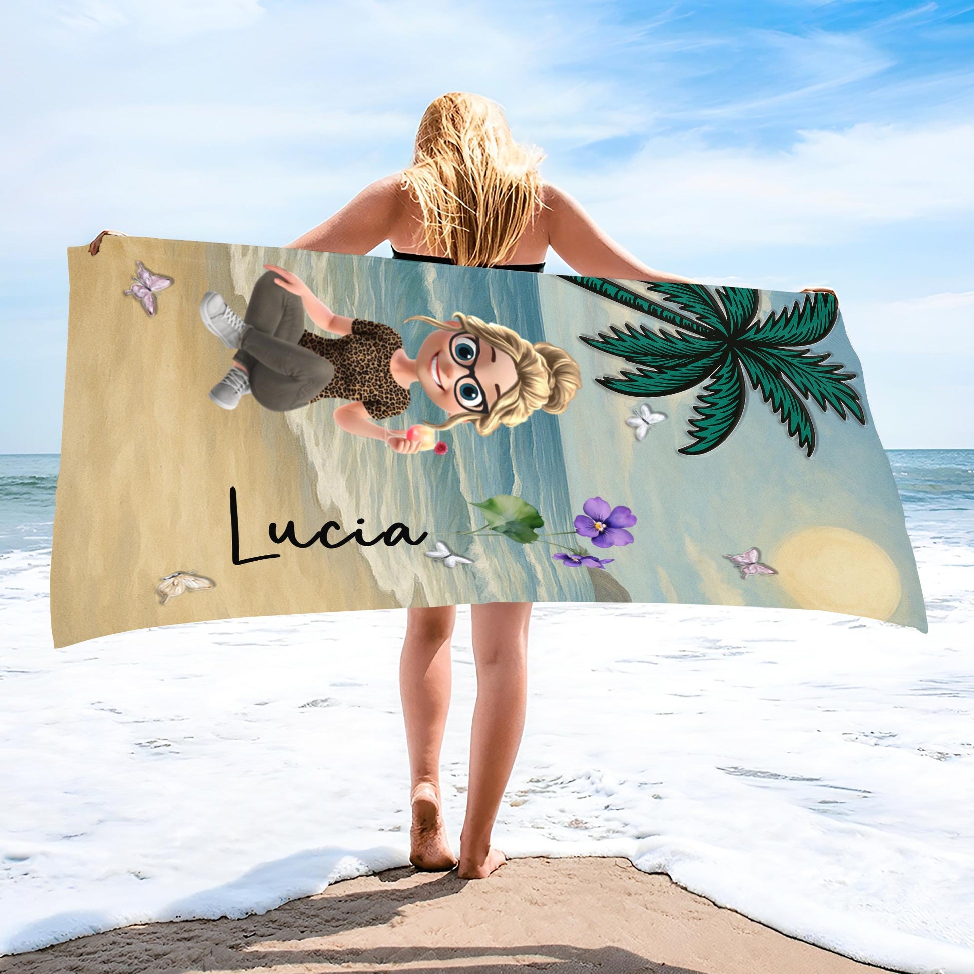 A Personalized Beach Towel With Palm Tree, Beach, Butterfly, Flowers