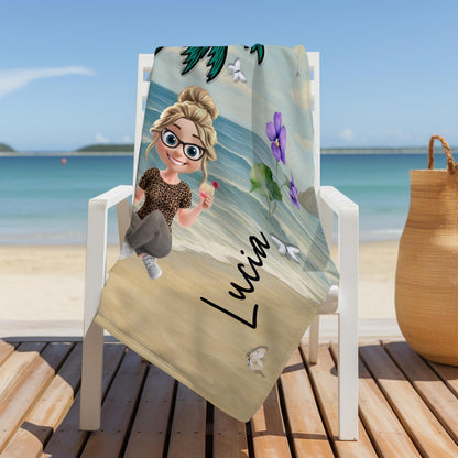 A Personalized Beach Towel With Palm Tree, Beach, Butterfly, Flowers