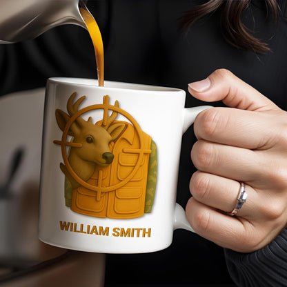 Elegant Deer Hunting Scene on Coffee Mug, Camouflage Jacket