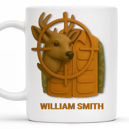 Elegant Deer Hunting Scene on Coffee Mug, Camouflage Jacket