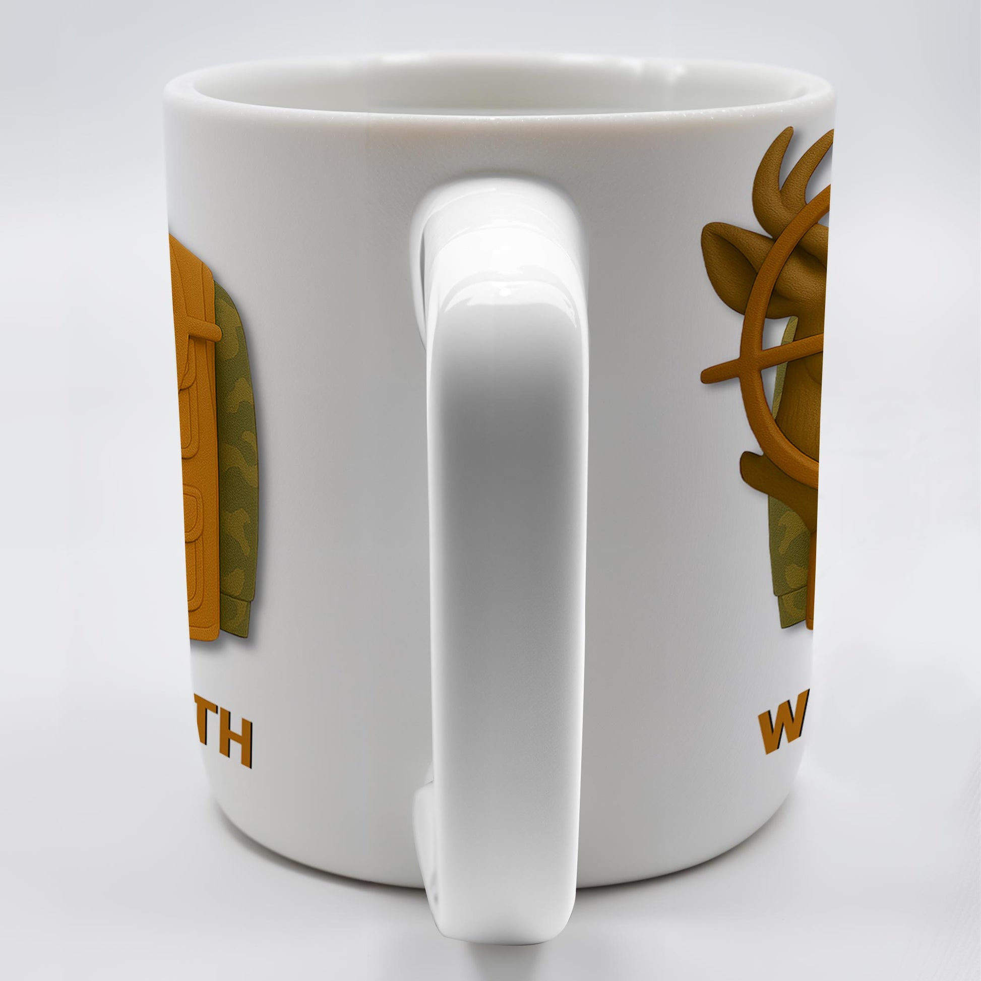 Elegant Deer Hunting Scene on Coffee Mug, Camouflage Jacket