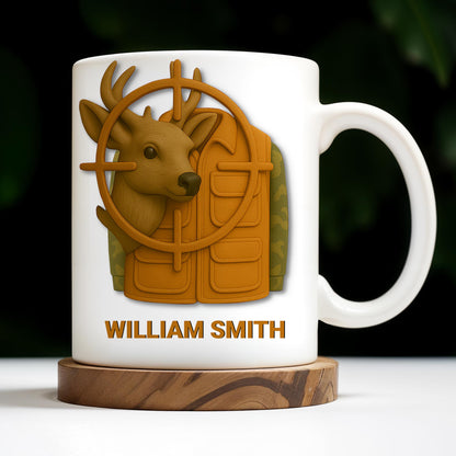 Elegant Deer Hunting Scene on Coffee Mug, Camouflage Jacket