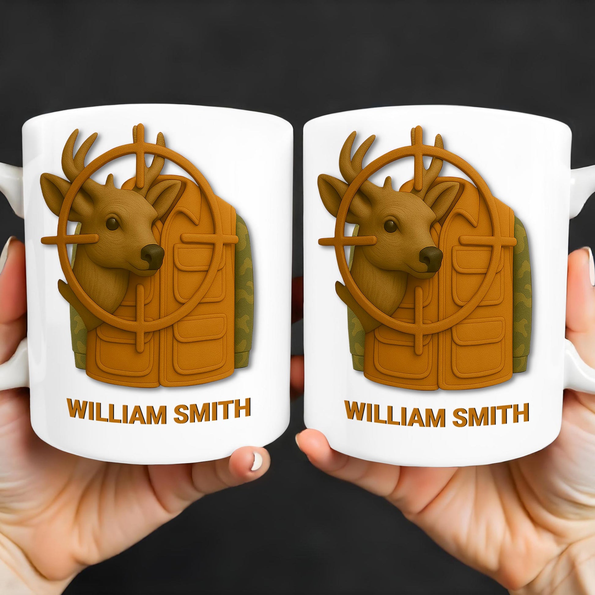 Elegant Deer Hunting Scene on Coffee Mug, Camouflage Jacket