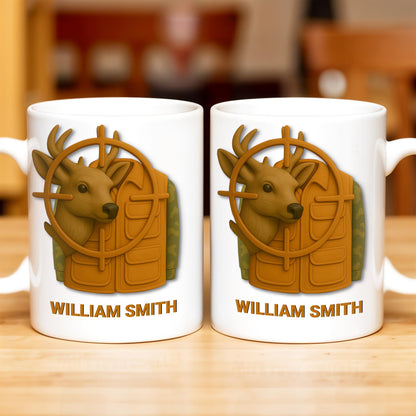Elegant Deer Hunting Scene on Coffee Mug, Camouflage Jacket