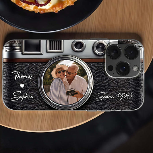 Vintage Camera Design With Customizable Names And Heart Icon - Personalized Clear Phone Case - FAM354_PHC