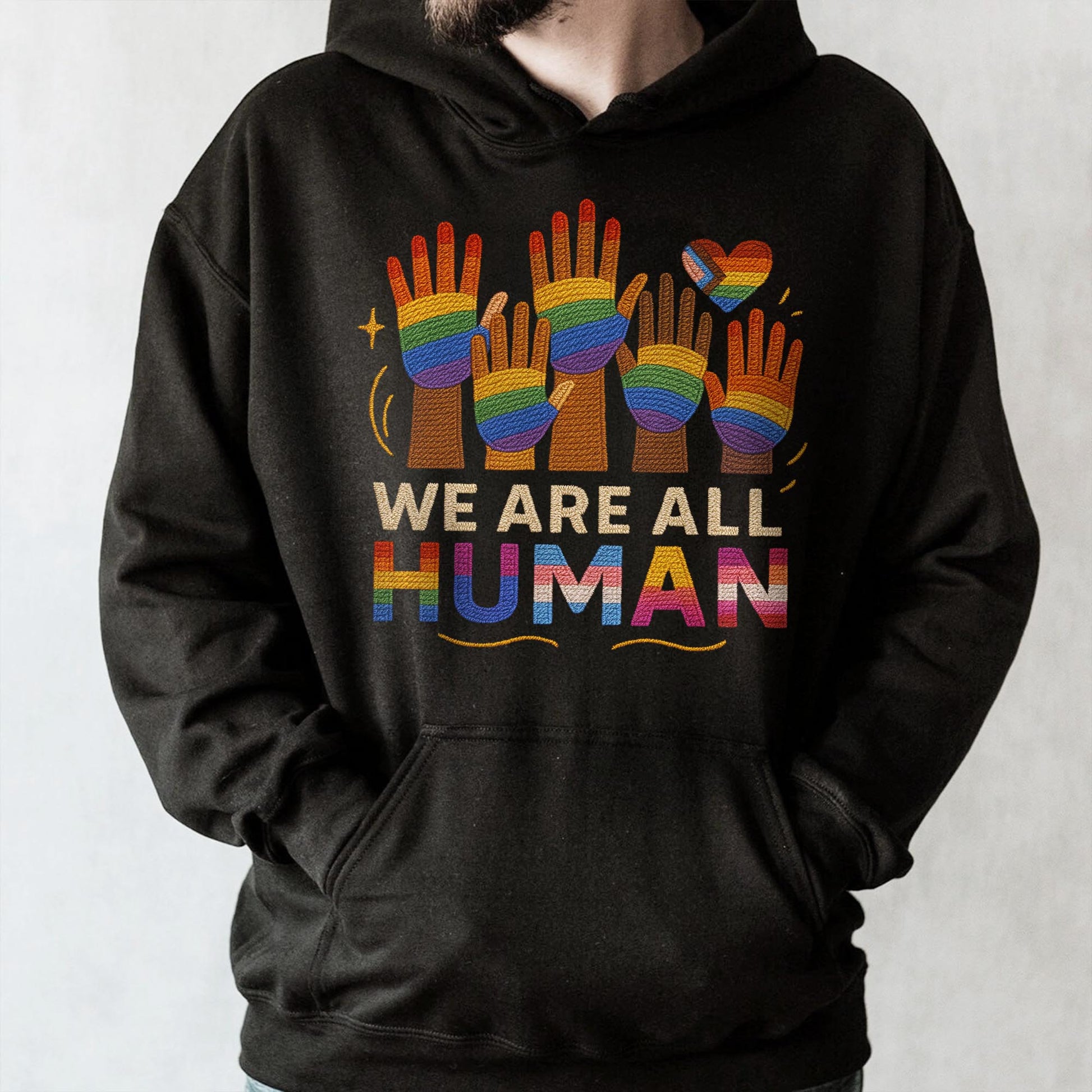 We Are All Human With Raised Hands And Heart Design