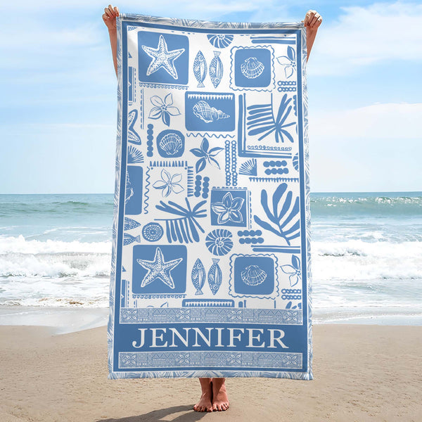 Personaliza tu verano con conchas, estrellas de mar y diseños tropicales - Toalla de playa personalizada - FAM399_BETO