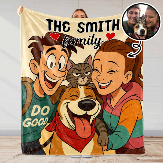The Smith Family With Dog And Cat - Personalized Custom Blanket - FAM402_BLK