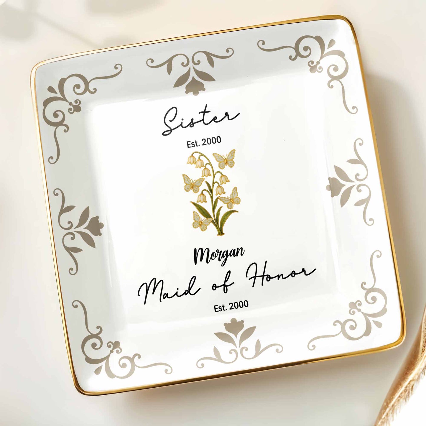 Sister Maid Of Honor With Elegant Floral Design - Personalized Custom Jewelry Dish, Ceramic Dish, Square Shape - FAM412_SCRF