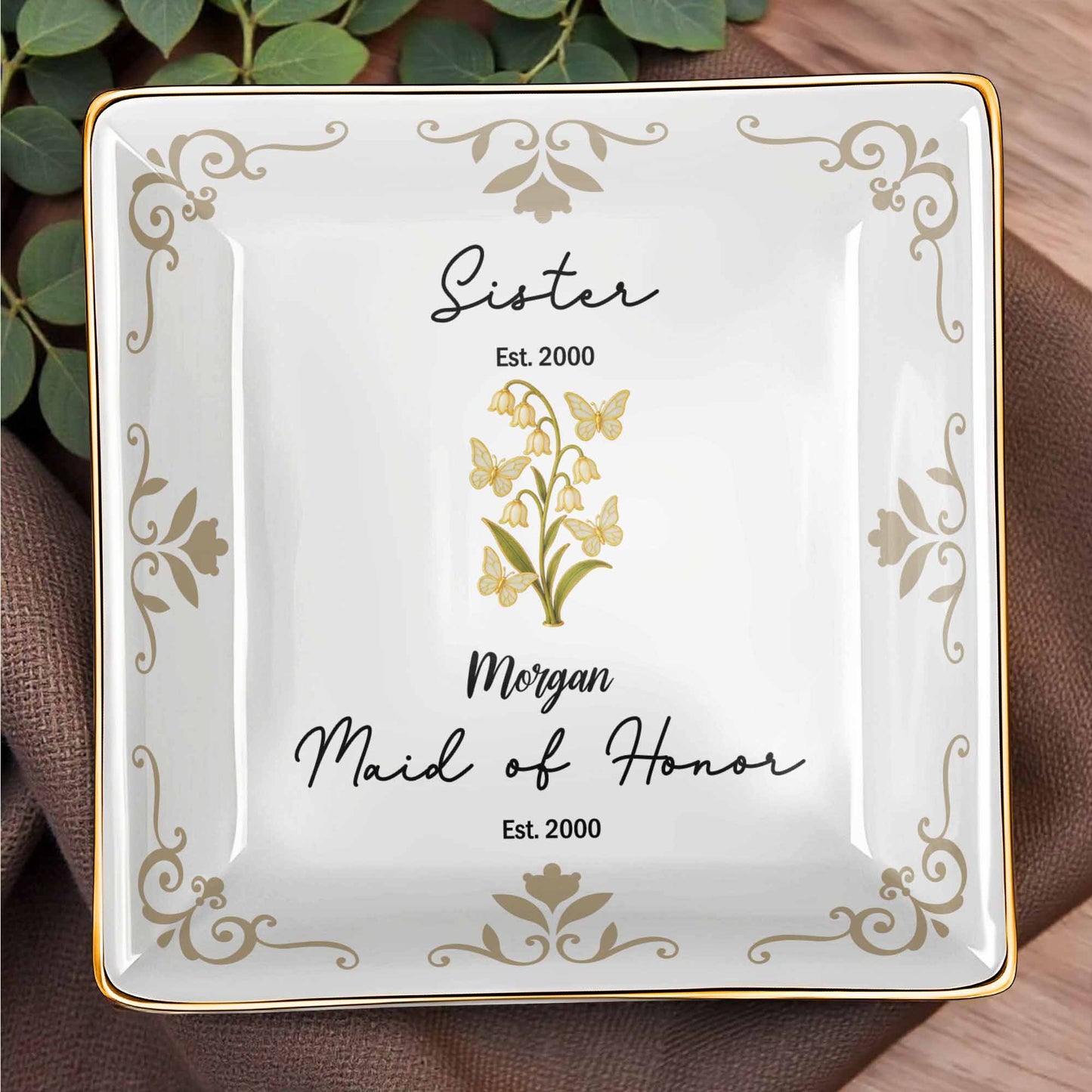 Sister Maid Of Honor With Elegant Floral Design - Personalized Custom Jewelry Dish, Ceramic Dish, Square Shape - FAM412_SCRF