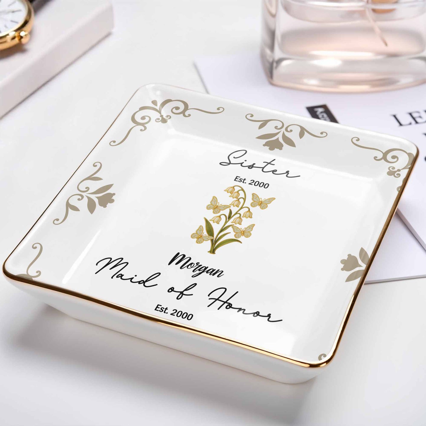 Sister Maid Of Honor With Elegant Floral Design - Personalized Custom Jewelry Dish, Ceramic Dish, Square Shape - FAM412_SCRF