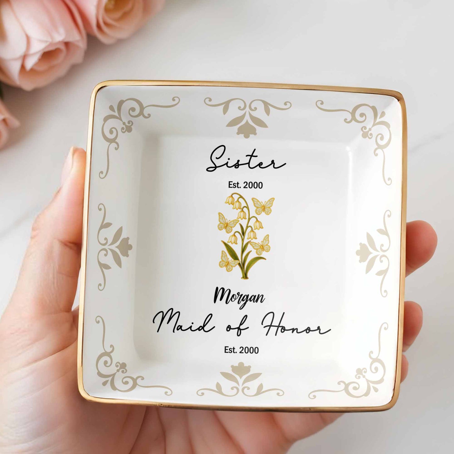 Sister Maid Of Honor With Elegant Floral Design - Personalized Custom Jewelry Dish, Ceramic Dish, Square Shape - FAM412_SCRF