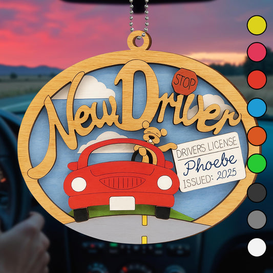 New Driver Stop With Car Design - Personalized Custom Wood Ornament, Car Hanging Ornament - FAM416_WCA