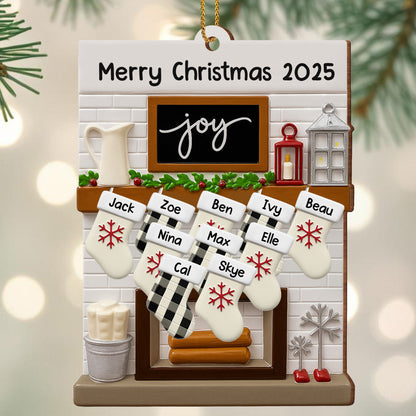 Merry Christmas Joy Stockings and Lantern - Personalized Custom Wood Ornament, Custom Shaped - FAM423_WDO