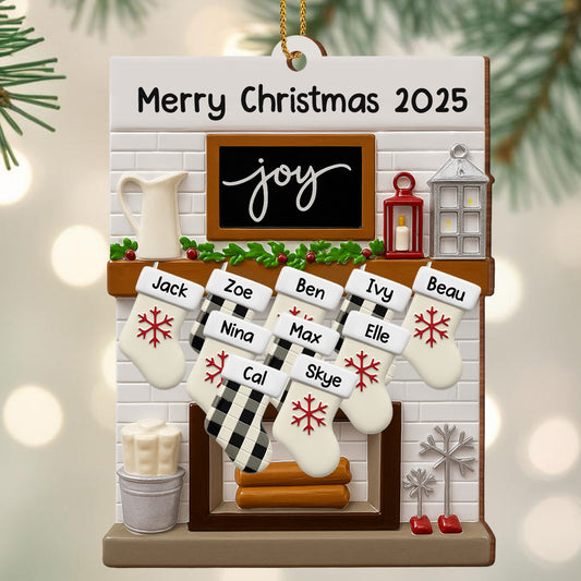 Merry Christmas Joy Stockings and Lantern - Personalized Custom Wood Ornament, Custom Shaped - FAM423_WDO